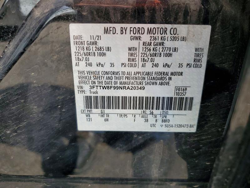 2022 Ford Maverick მანქანა იყიდება აუქციონზე, vin: 3FTTW8F99NRA20349, აუქციონის ნომერი: 54688506