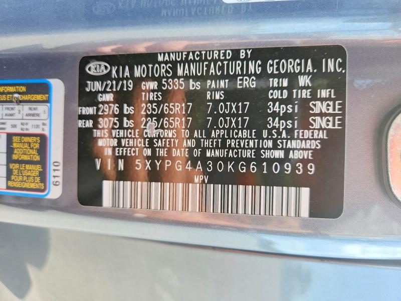 55723466 :رقم المزاد ، 5XYPG4A30KG610939 vin ، 2019 Kia Sorento مزاد بيع