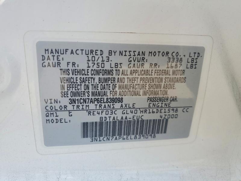 55175876 :رقم المزاد ، 3N1CN7AP6EL839098 vin ، 2014 Nissan Versa مزاد بيع