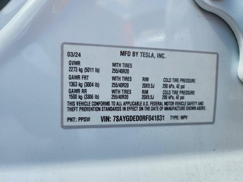 2024 Tesla Model Y მანქანა იყიდება აუქციონზე, vin: 7SAYGDED0RF041831, აუქციონის ნომერი: 59143186