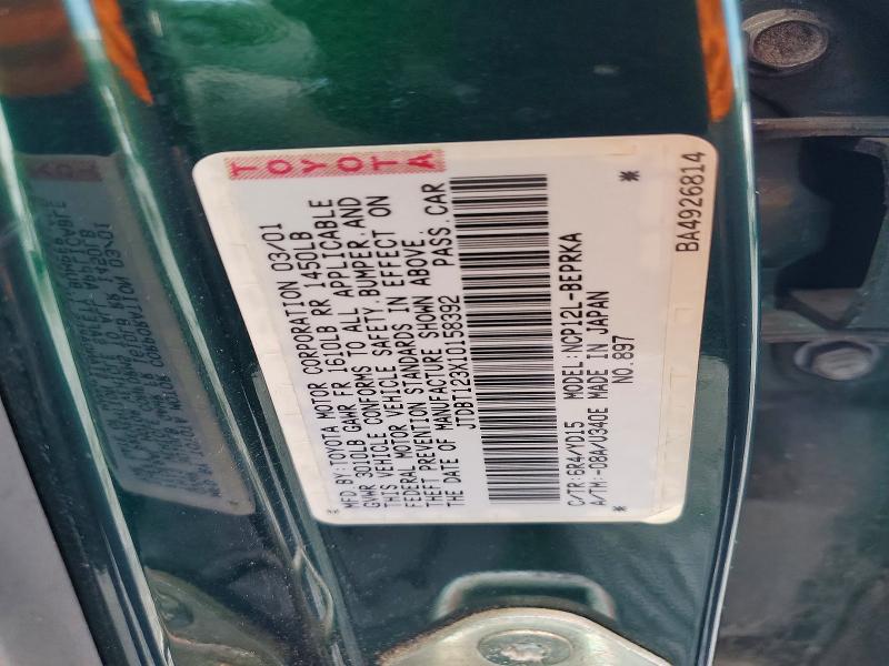 2001 Toyota Echo მანქანა იყიდება აუქციონზე, vin: JTDBT123X10158392, აუქციონის ნომერი: 58181356