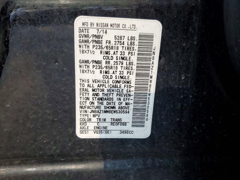 2014 Nissan Murano მანქანა იყიდება აუქციონზე, vin: JN8AZ1MW8EW530594, აუქციონის ნომერი: 56727196