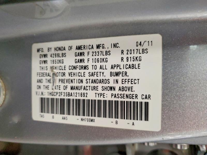 2011 Honda Accord მანქანა იყიდება აუქციონზე, vin: 1HGCP2F35BA121692, აუქციონის ნომერი: 58444786