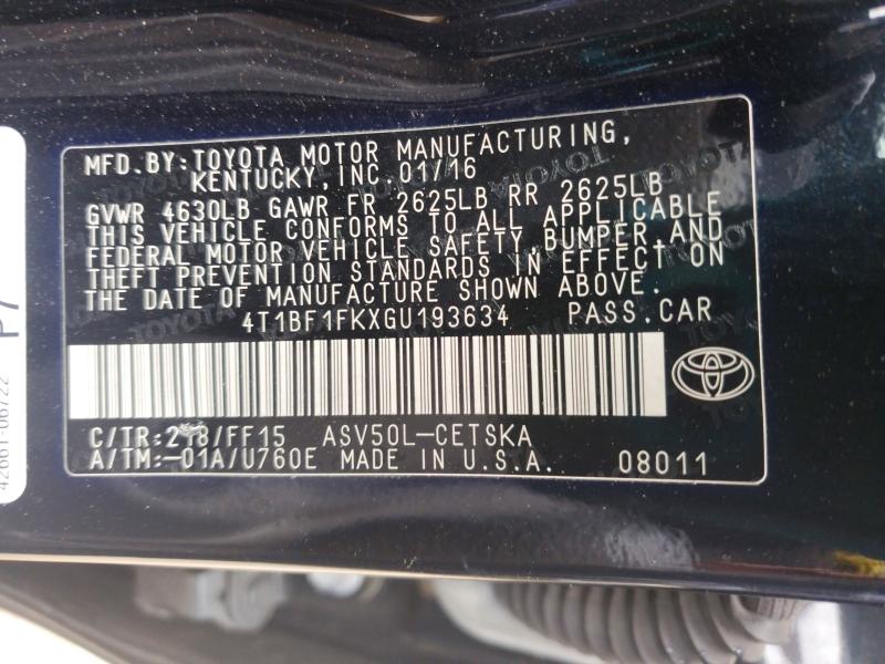 55448806 :رقم المزاد ، 4T1BF1FKXGU193634 vin ، 2016 Toyota Camry مزاد بيع