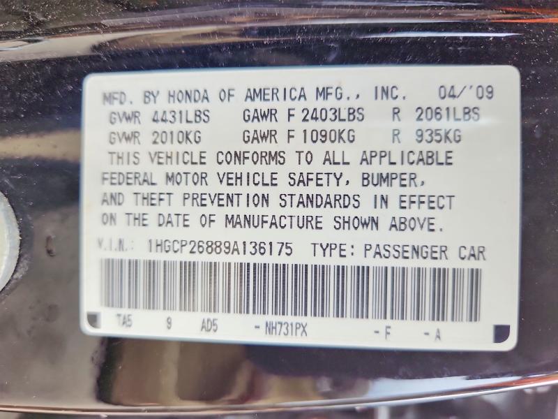 Aukcja sprzedaży 2009 Honda Accord, vin: 1HGCP26889A136175, numer aukcji: 57843776
