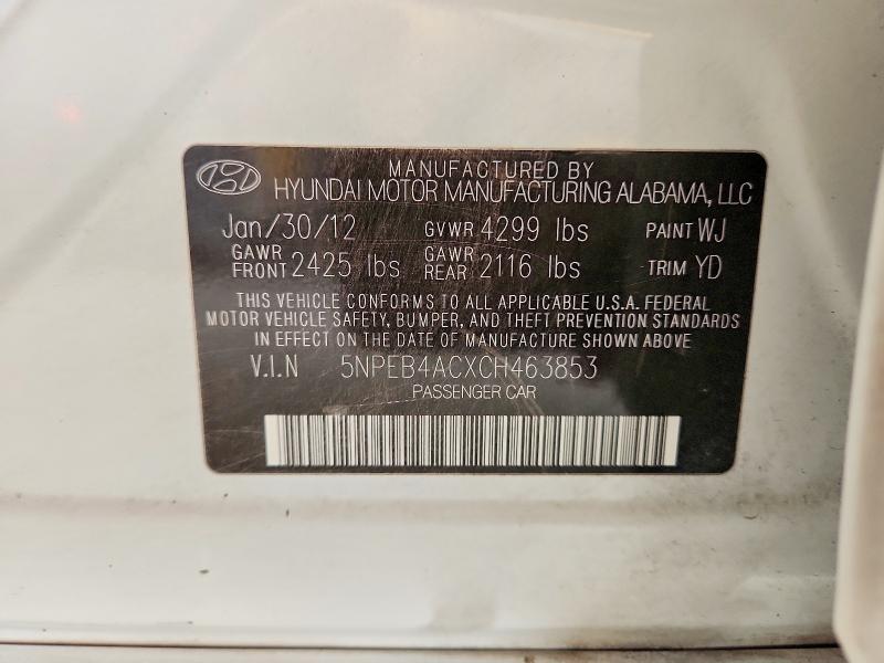 Aukcja sprzedaży 2012 Hyundai Sonata, vin: 5NPEB4ACXCH463853, numer aukcji: 56778526