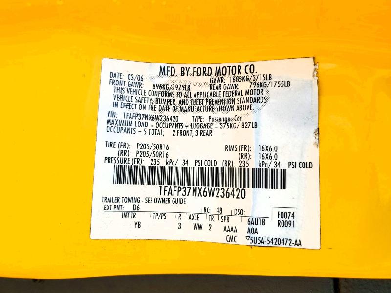 Продажа на аукционе авто 2006 Ford Focus, vin: 1FAFP37NX6W236420, номер лота: 59286926