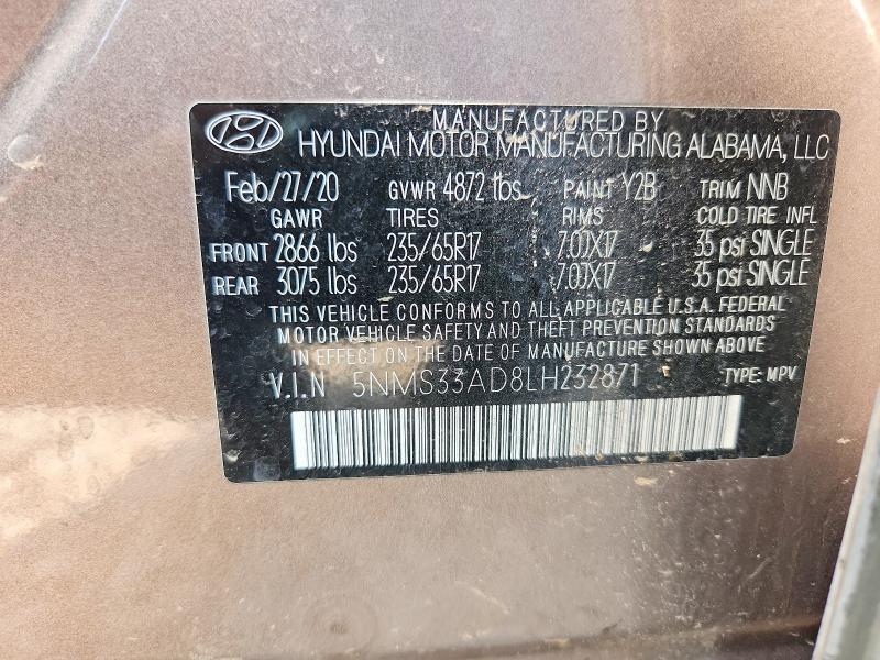 57949096 :رقم المزاد ، 5NMS33AD8LH232871 vin ، 2020 Hyundai Santa Fe مزاد بيع