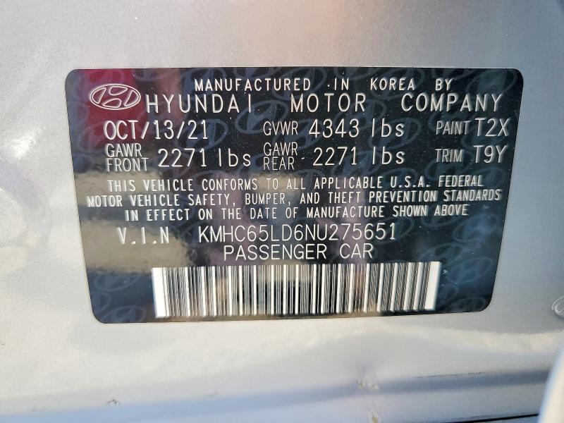 2022 Hyundai Ioniq მანქანა იყიდება აუქციონზე, vin: KMHC65LD6NU275651, აუქციონის ნომერი: 58151036
