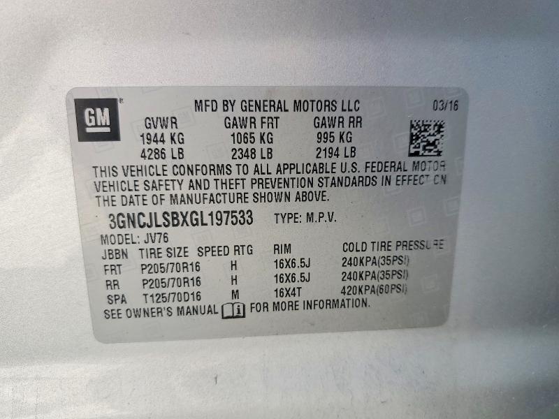 Продажа на аукционе авто 2016 Chevrolet Trax, vin: 3GNCJLSBXGL197533, номер лота: 58093776