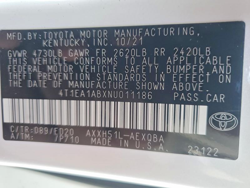 85626165 :رقم المزاد ، 4T1EA1ABXNU011186 vin ، 2022 Toyota Avalon مزاد بيع