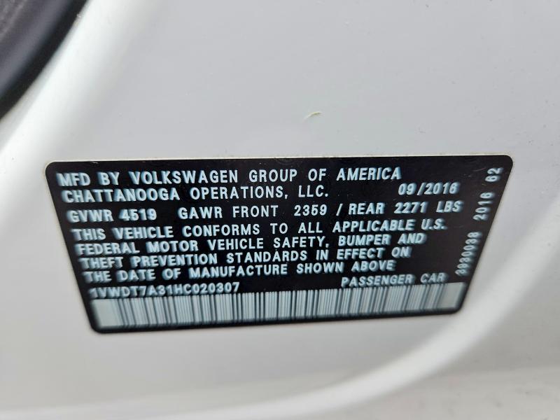 54399496 :رقم المزاد ، 1VWDT7A31HC020307 vin ، 2017 Volkswagen Passat مزاد بيع