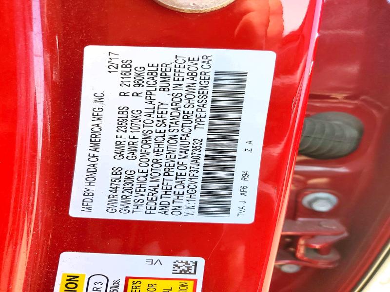 2018 Honda Accord მანქანა იყიდება აუქციონზე, vin: 1HGCV1F37JA073532, აუქციონის ნომერი: 56369706