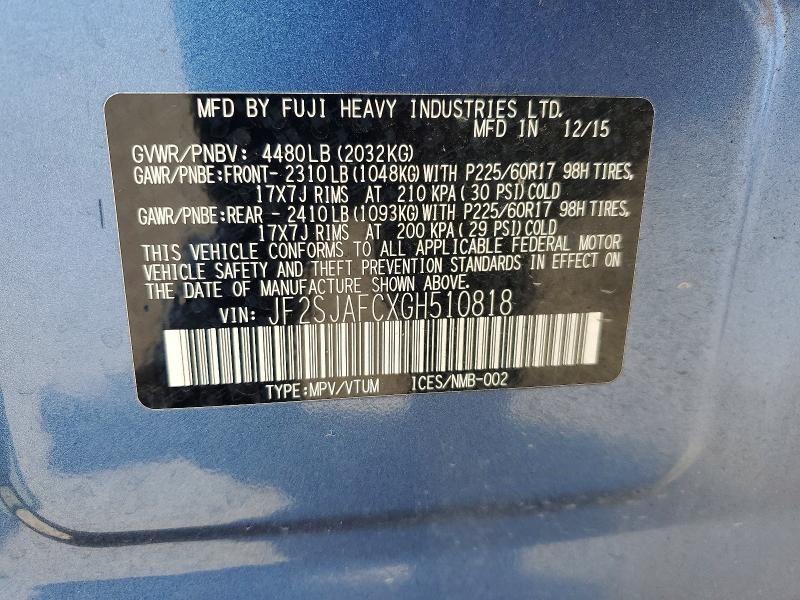 55457456 :رقم المزاد ، JF2SJAFCXGH510818 vin ، 2016 Subaru Forester مزاد بيع