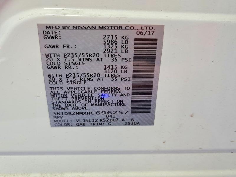 Продаж на аукціоні авто 2017 Nissan Pathfinder, vin: 5N1DR2MMXHC696257, номер лоту: 58402626