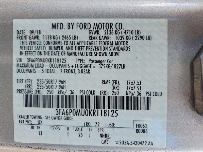 Продажа на аукционе авто 2019 Ford Fusion, vin: 3FA6P0MU0KR118125, номер лота: 57028456