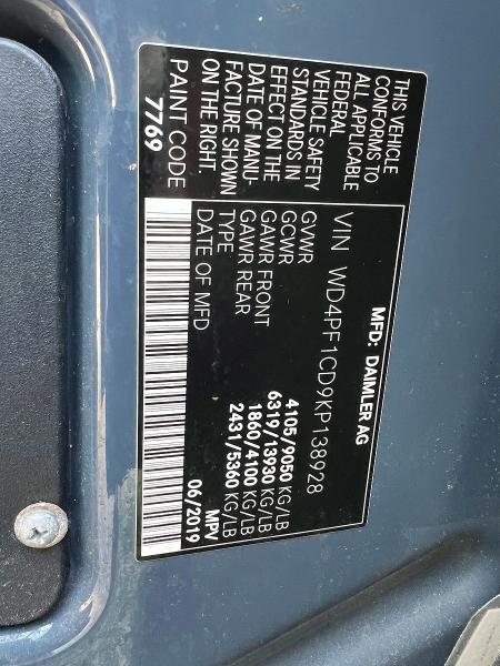 Aukcja sprzedaży 2019 Mercedes-benz Sprinter, vin: WD4PF1CD9KP138928, numer aukcji: 58373736