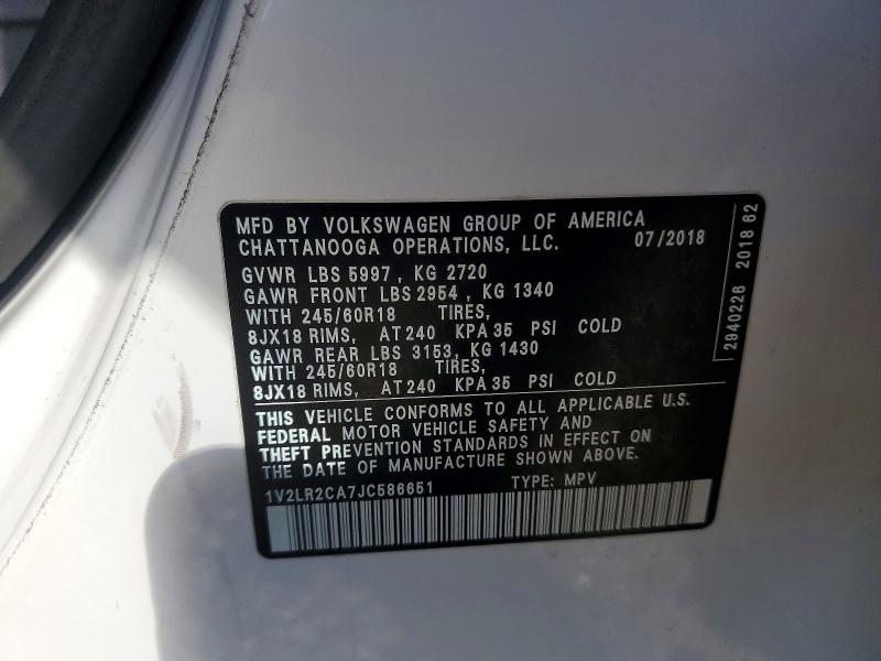 58057986 :رقم المزاد ، 1V2LR2CA7JC586651 vin ، 2018 Volkswagen Atlas مزاد بيع