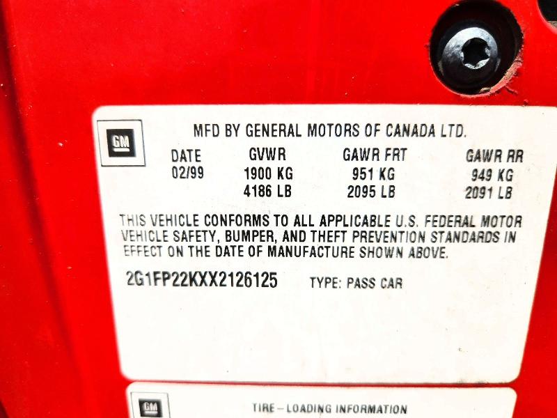 1999 Chevrolet Camaro მანქანა იყიდება აუქციონზე, vin: 2G1FP22KXX2126125, აუქციონის ნომერი: 57110726