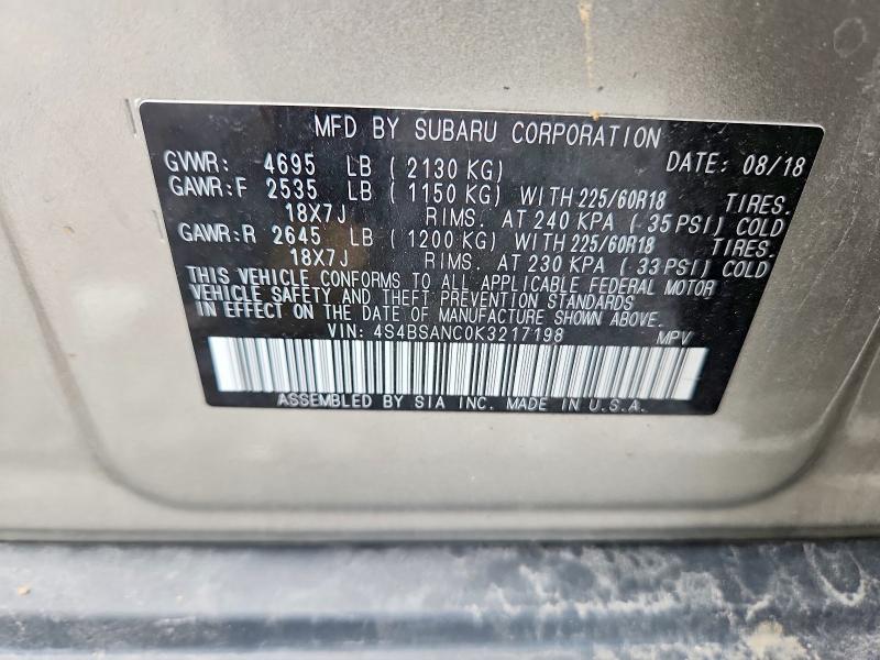 58046566 :رقم المزاد ، 4S4BSANC0K3217198 vin ، 2019 Subaru Outback مزاد بيع
