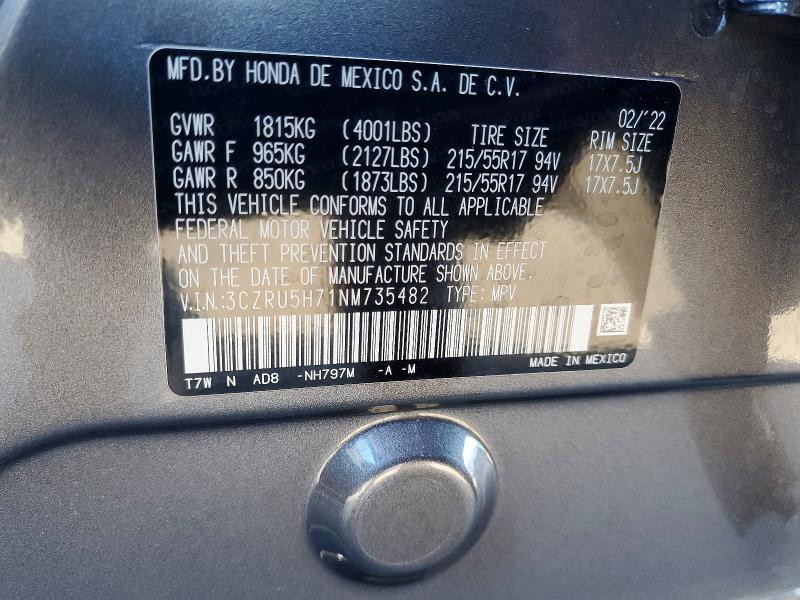 57024456 :رقم المزاد ، 3CZRU5H71NM735482 vin ، 2022 Honda Hr-v مزاد بيع