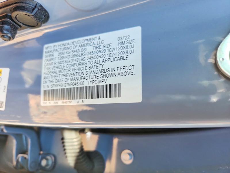 Продаж на аукціоні авто 2022 Honda Pilot, vin: 5FNYF6H27NB045200, номер лоту: 57857406