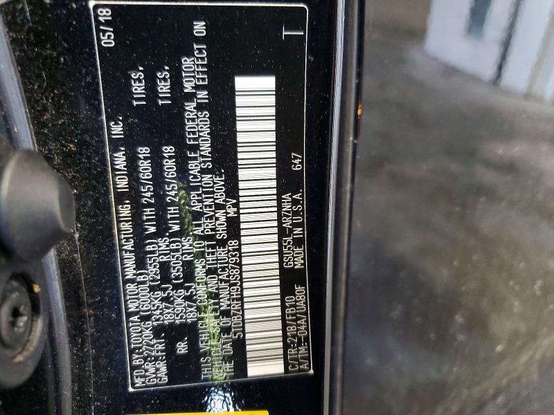 2018 Toyota Highlander მანქანა იყიდება აუქციონზე, vin: 5TDBZRFH9JS879318, აუქციონის ნომერი: 57639376