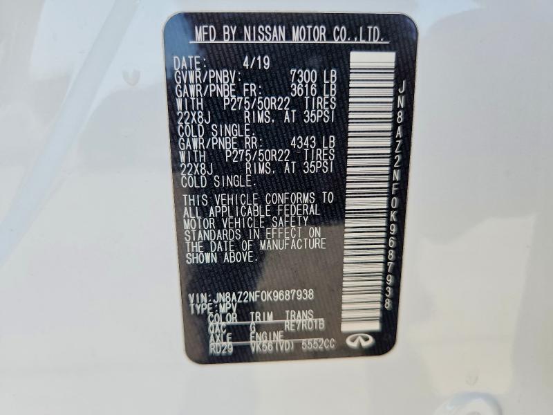 58797996 :رقم المزاد ، JN8AZ2NF0K9687938 vin ، 2019 Infiniti Qx80 مزاد بيع