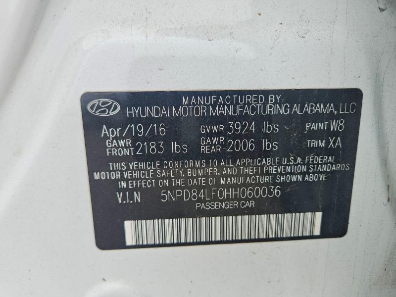 58885136 :رقم المزاد ، 5NPD84LF0HH060036 vin ، 2017 Hyundai Elantra مزاد بيع