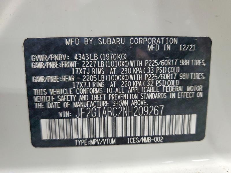 Aukcja sprzedaży 2022 Subaru Crosstrek, vin: JF2GTABC2NH209267, numer aukcji: 55796486