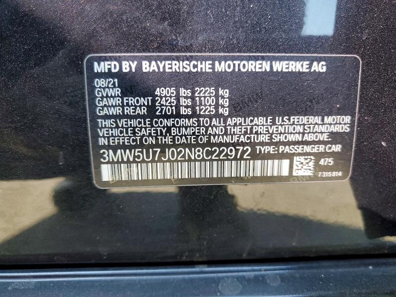 56525916 :رقم المزاد ، 3MW5U7J02N8C22972 vin ، 2022 Bmw M340i مزاد بيع