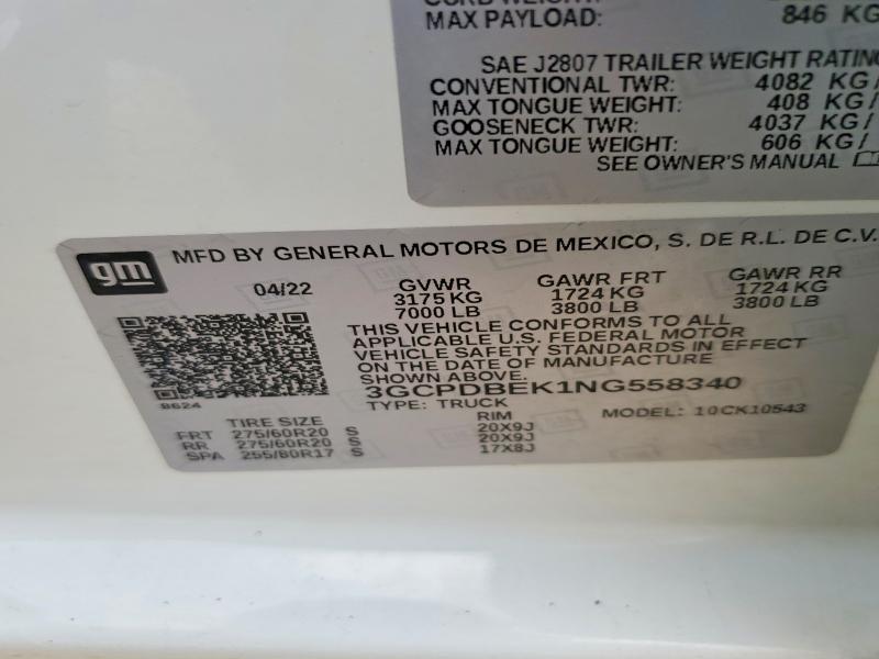2022 Chevrolet Silverado მანქანა იყიდება აუქციონზე, vin: 3GCPDBEK1NG558340, აუქციონის ნომერი: 58041026
