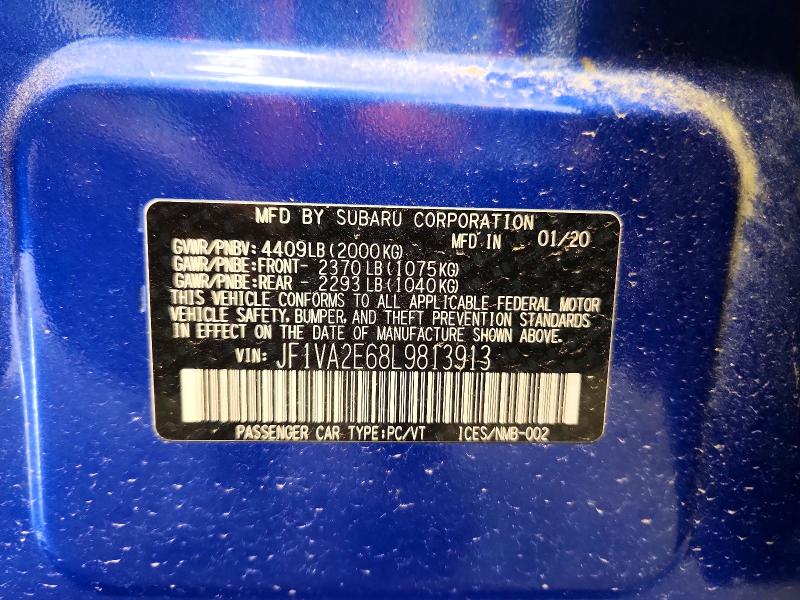 Auction sale of the 2020 Subaru Wrx, vin: JF1VA2E68L9813913, lot number: 56279936