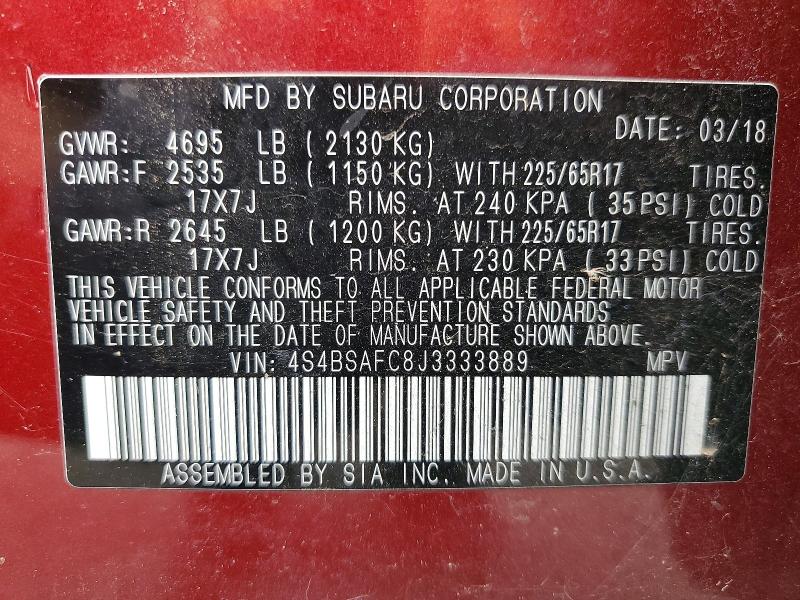 59008176 :رقم المزاد ، 4S4BSAFC8J3333889 vin ، 2018 Subaru Outback مزاد بيع