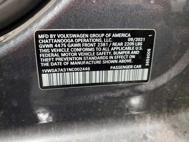Aukcja sprzedaży 2022 Volkswagen Passat, vin: 1VWSA7A31NC002446, numer aukcji: 58076316