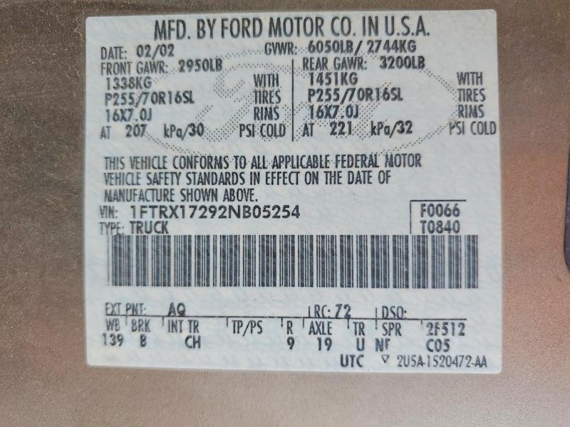 Продажа на аукционе авто 2002 Ford F150, vin: 1FTRX17292NB05254, номер лота: 55109516