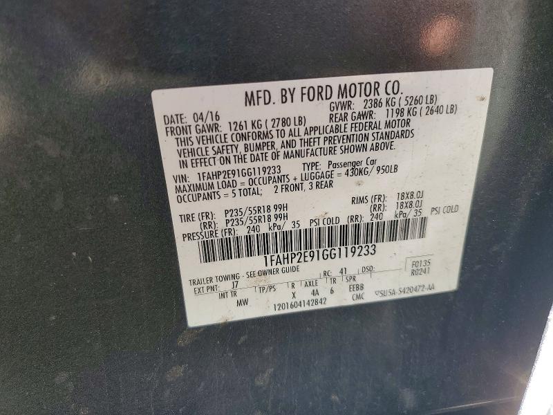 2016 Ford Taurus მანქანა იყიდება აუქციონზე, vin: 1FAHP2E91GG119233, აუქციონის ნომერი: 57687806