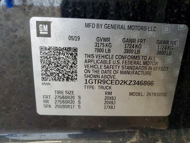 Aukcja sprzedaży 2019 Gmc Sierra, vin: 1GTR9CED2KZ346866, numer aukcji: 55491196