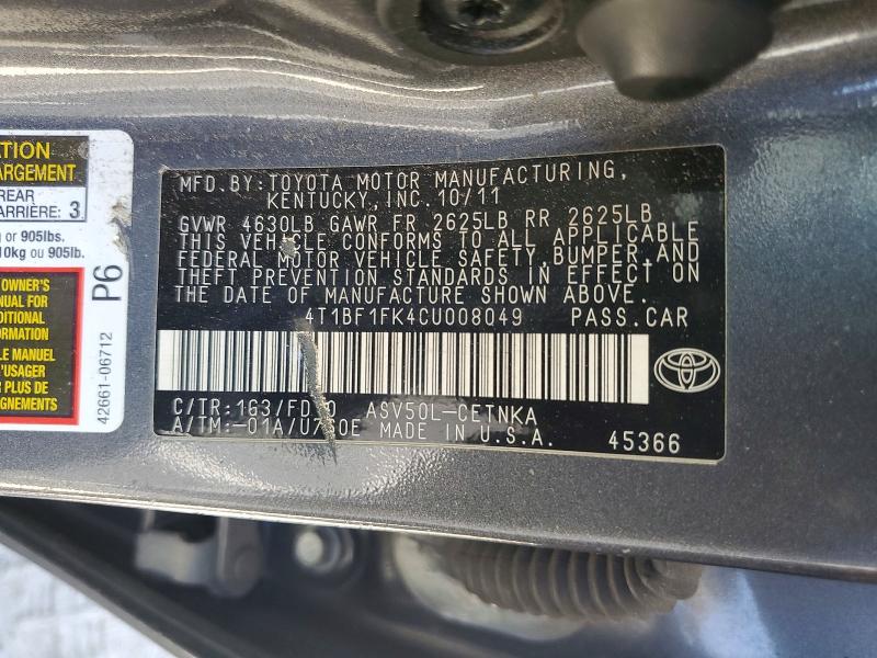 Продаж на аукціоні авто 2012 Toyota Camry, vin: 4T1BF1FK4CU008049, номер лоту: 56613166