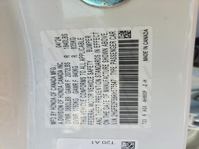 Продажа на аукционе авто 2024 Honda Civic, vin: 2HGFE2F58RH575547, номер лота: 56978506