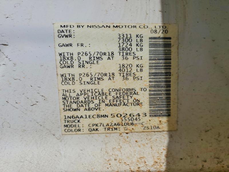 Aukcja sprzedaży 2021 Nissan Titan, vin: 1N6AA1EC8MN502643, numer aukcji: 58001226