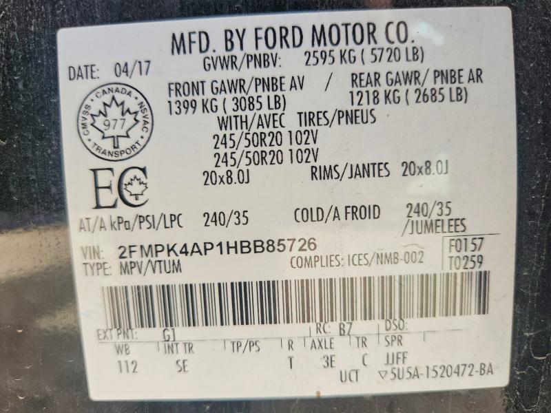 2017 Ford Edge მანქანა იყიდება აუქციონზე, vin: 2FMPK4AP1HBB85726, აუქციონის ნომერი: 56516636