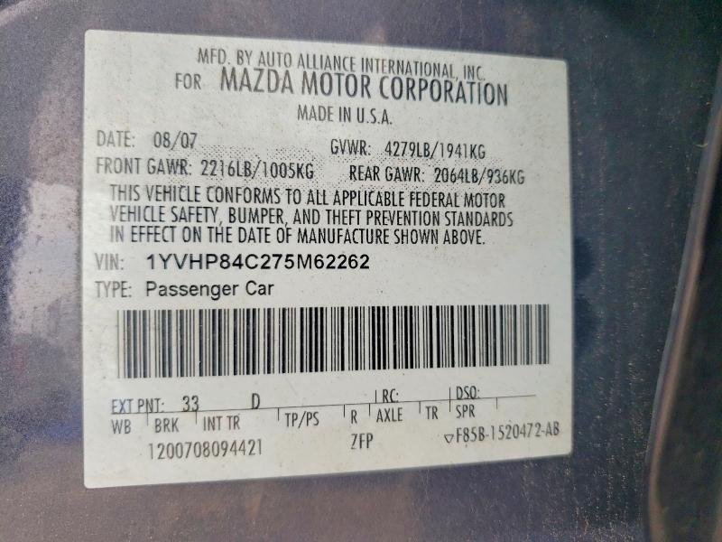 Aukcja sprzedaży 2007 Mazda 6, vin: 1YVHP84C275M62262, numer aukcji: 58367436