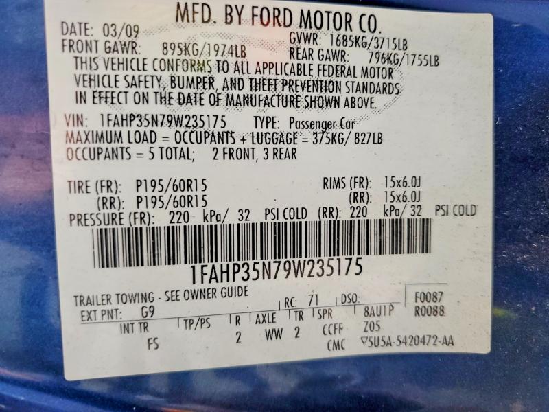 2009 Ford Focus მანქანა იყიდება აუქციონზე, vin: 1FAHP35N79W235175, აუქციონის ნომერი: 58768126