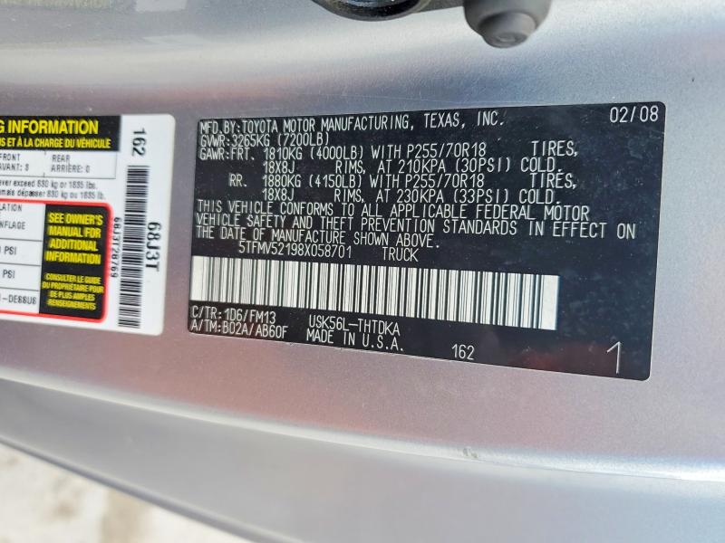 2008 Toyota Tundra მანქანა იყიდება აუქციონზე, vin: 5TFMV52198X058701, აუქციონის ნომერი: 58184196