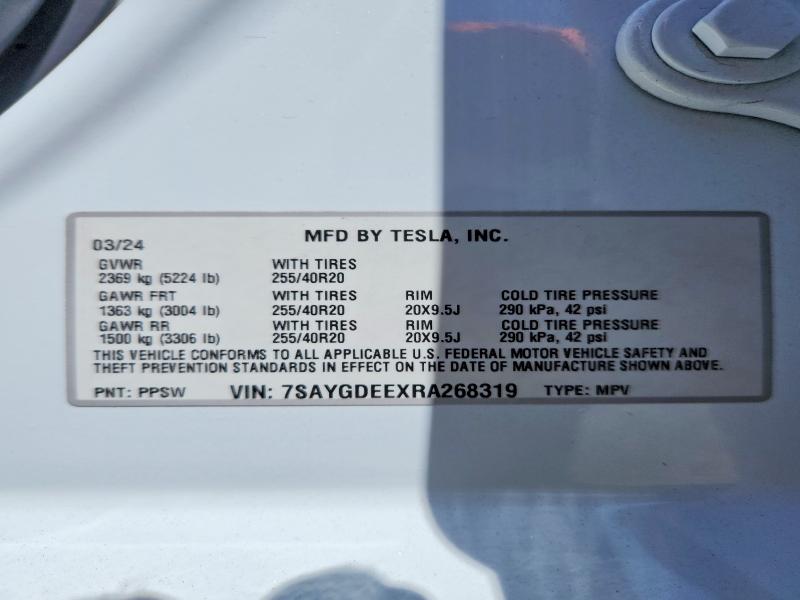 58393476 :رقم المزاد ، 7SAYGDEEXRA268319 vin ، 2024 Tesla Model Y مزاد بيع