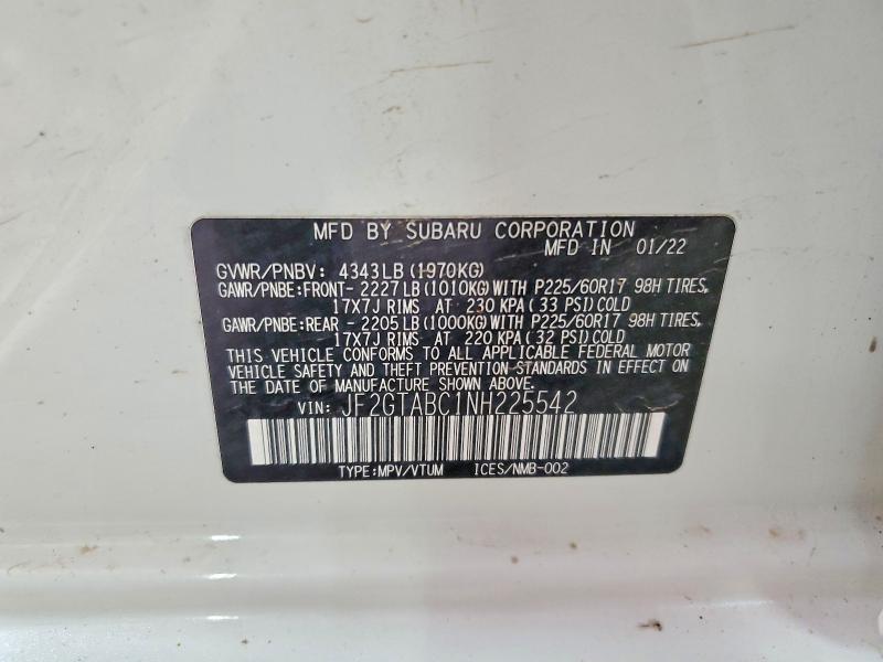 2022 Subaru Crosstrek მანქანა იყიდება აუქციონზე, vin: JF2GTABC1NH225542, აუქციონის ნომერი: 58616686