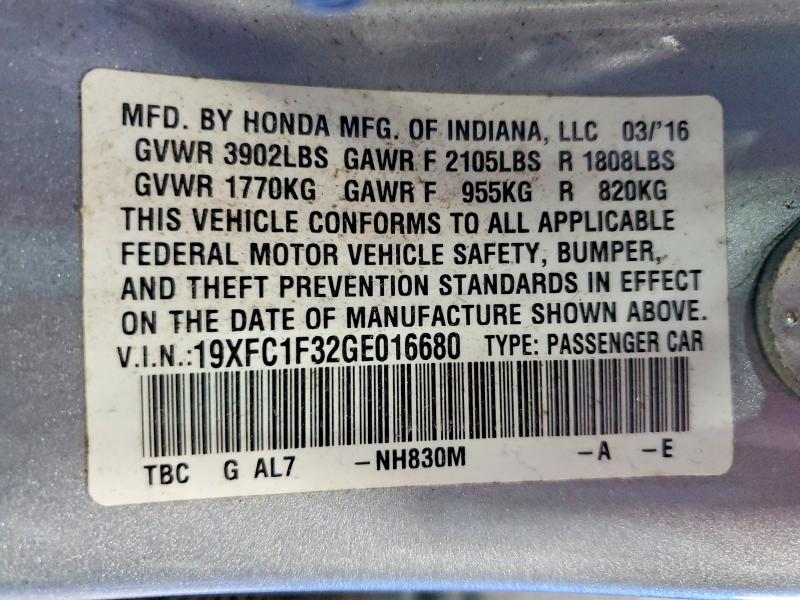 54696466 :رقم المزاد ، 19XFC1F32GE016680 vin ، 2016 Honda Civic مزاد بيع