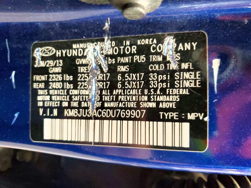 2013 Hyundai Tucson მანქანა იყიდება აუქციონზე, vin: KM8JU3AC6DU769907, აუქციონის ნომერი: 55778666