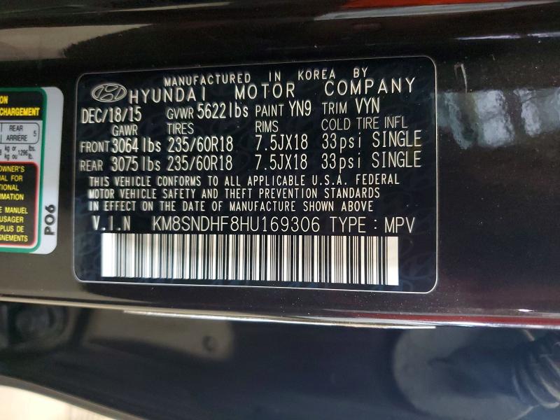 2017 Hyundai Santa Fe მანქანა იყიდება აუქციონზე, vin: KM8SNDHF8HU169306, აუქციონის ნომერი: 57193276